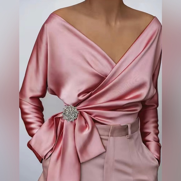 Passion of Essence Tops - Blush Pink Satin Wrap Blouse with Bow & Brooch – Elegant Off-Shoulder Top